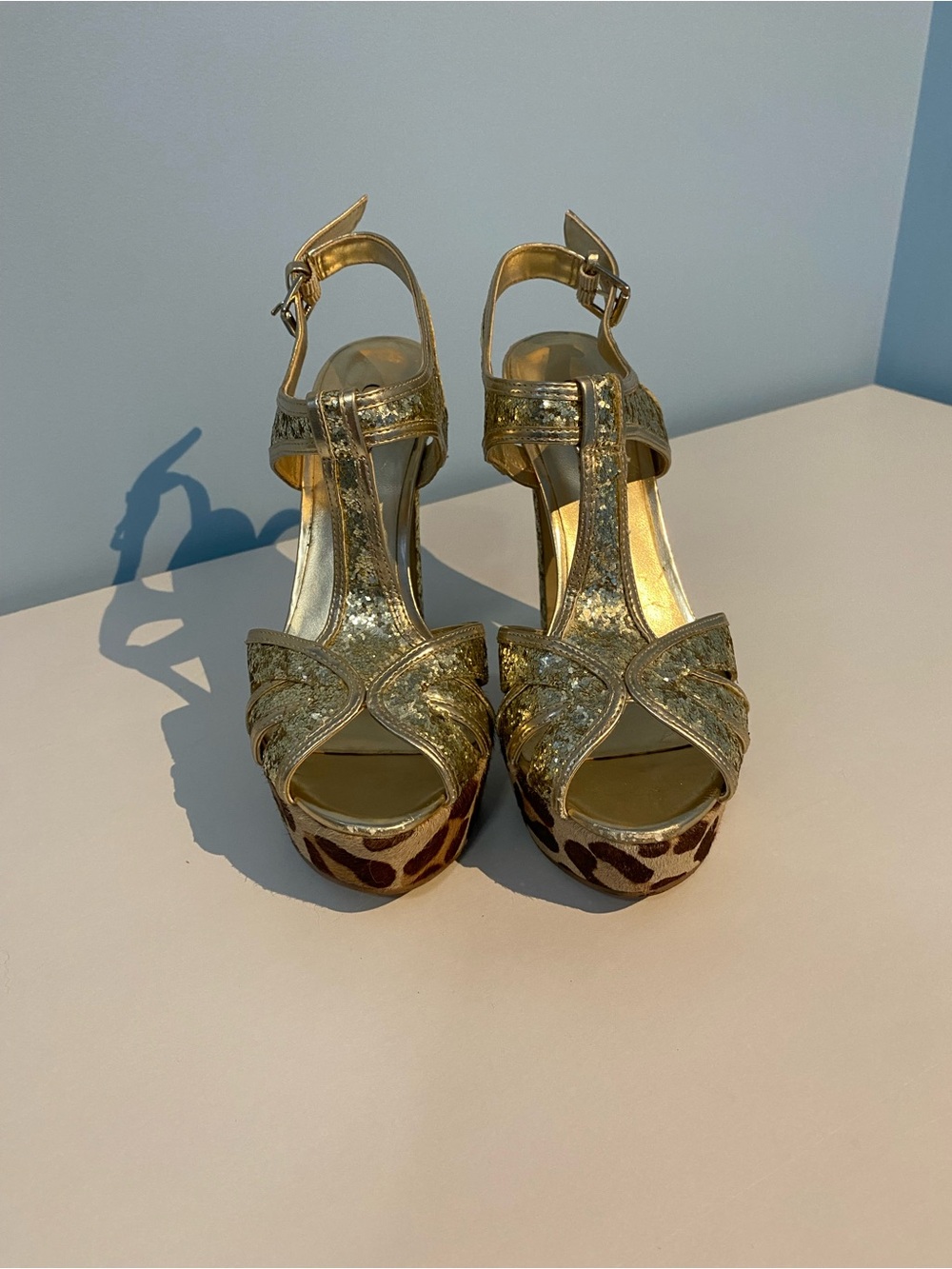 GUESS gold glitter T-strap platform heels